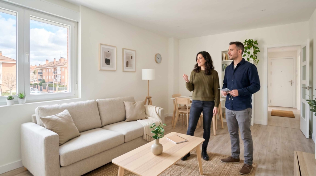 Pareja visitando un piso en alquiler bien preparado en Alcorcón