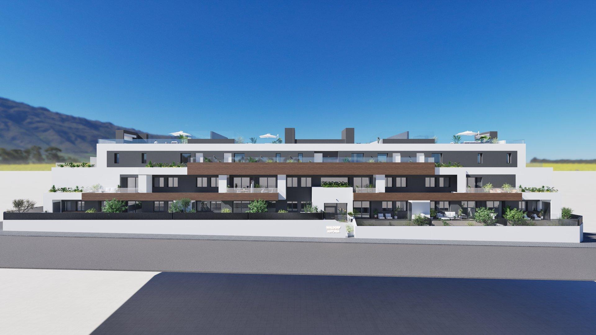Rendering of a modern multi-story residential building with white, dark gray, and wooden accents, with balconies and green terraces under a blue sky