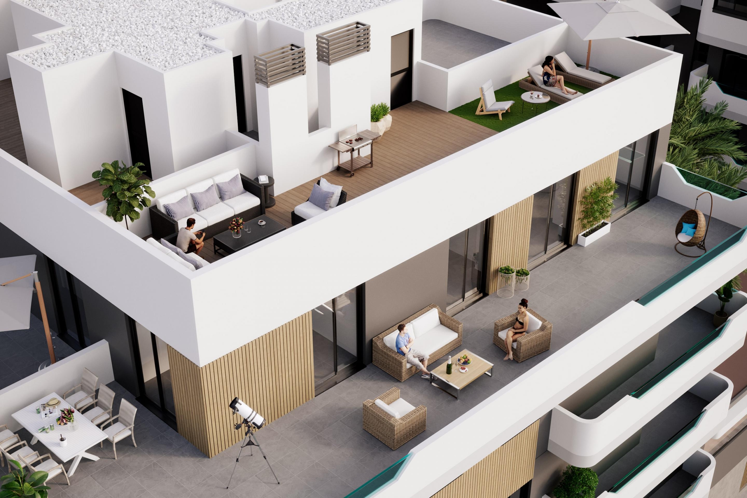 Modern rooftop terrace of a white apartment building with outdoor seating, a dining table, and sun loungers on wooden decking and artificial grass areas.