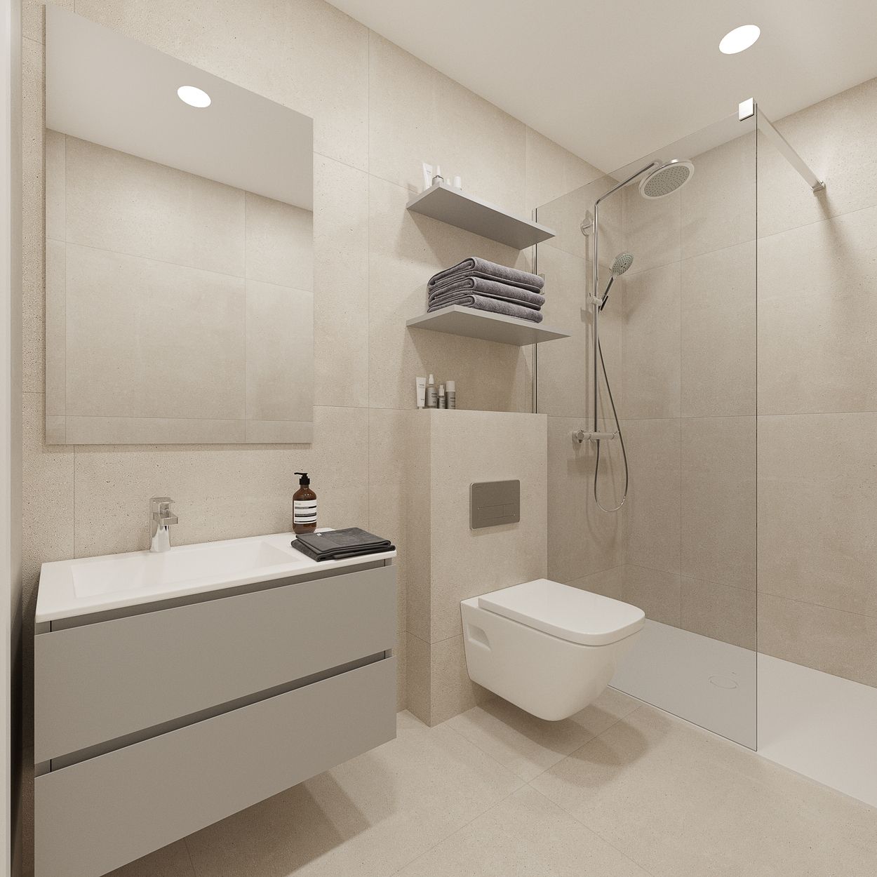 Modern beige bathroom with a wall‑mounted vanity, sink, and gray drawers; towel and lotion on countertop, large mirror above mirror, and stacked gray towels on shelves nearby.
