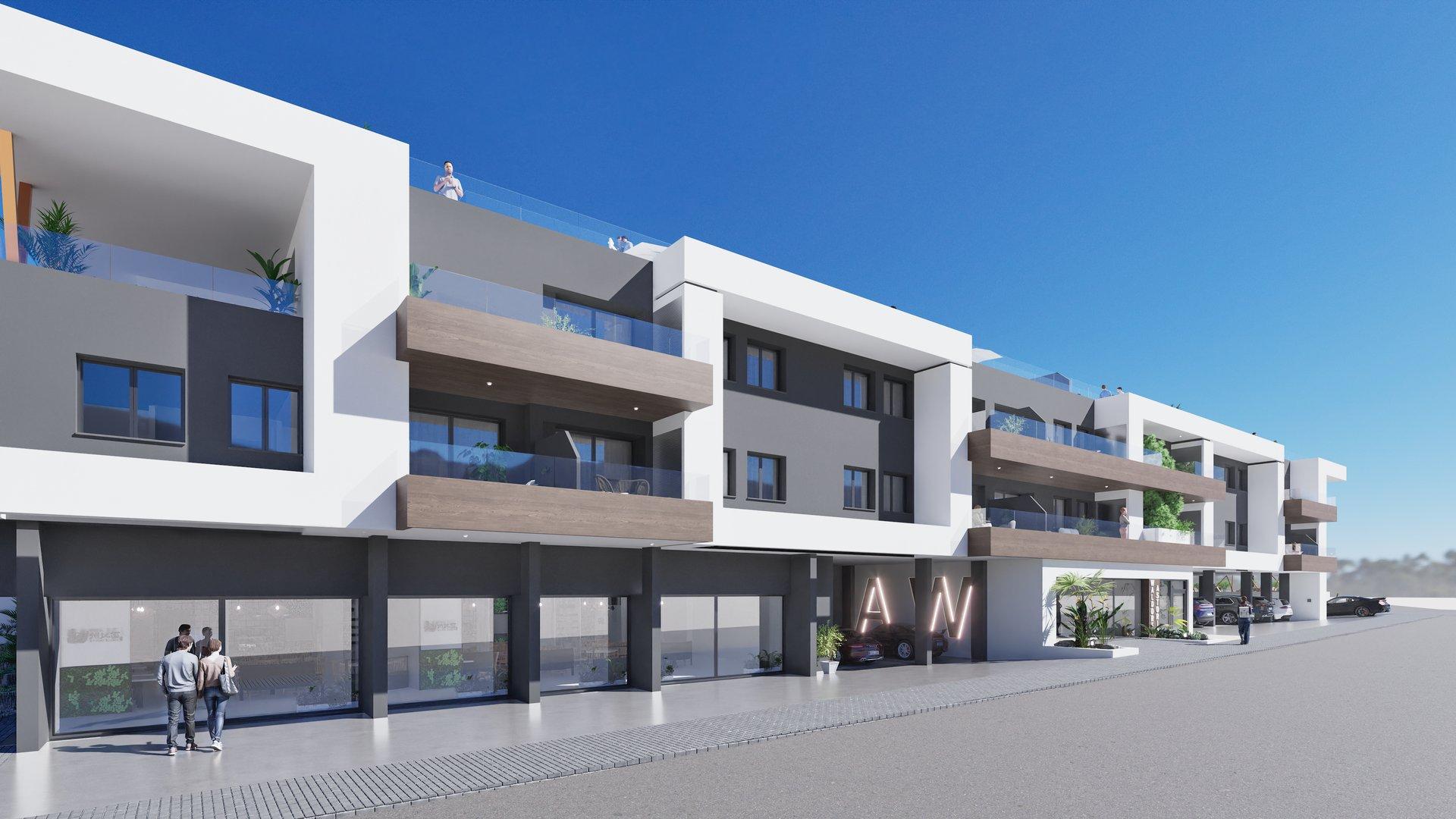 Rendering of a modern white and gray apartment complex with glass balcony railings and wooden accents against a clear blue sky, with people on balconies and pedestrians on the sidewalk.
