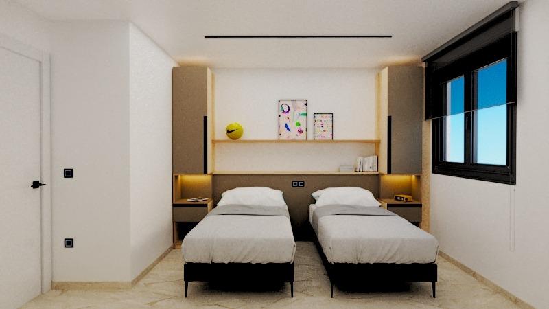 Twin beds in a modern minimalist hotel room with built-in shelves and warm lighting above the headboards