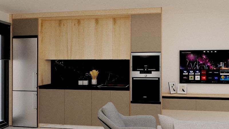 Modern kitchen with light wood cabinets, black backsplash, and built-in fridge, oven, and stovetop; adjacent living area with a TV.