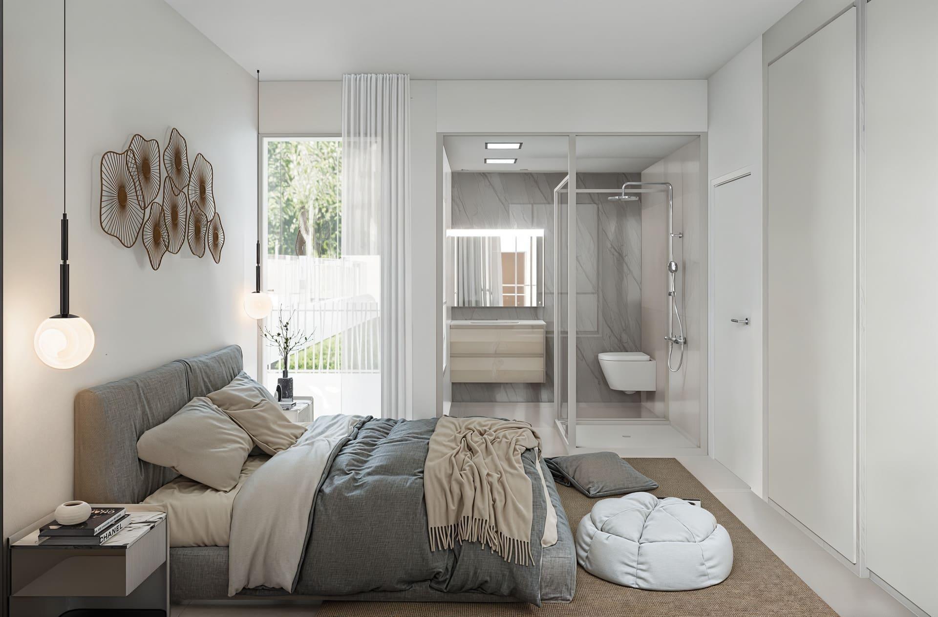 Modern bedroom with gray bedding and pendant lights, opening to a marble-walled en-suite shower and toilet area behind glass doors.