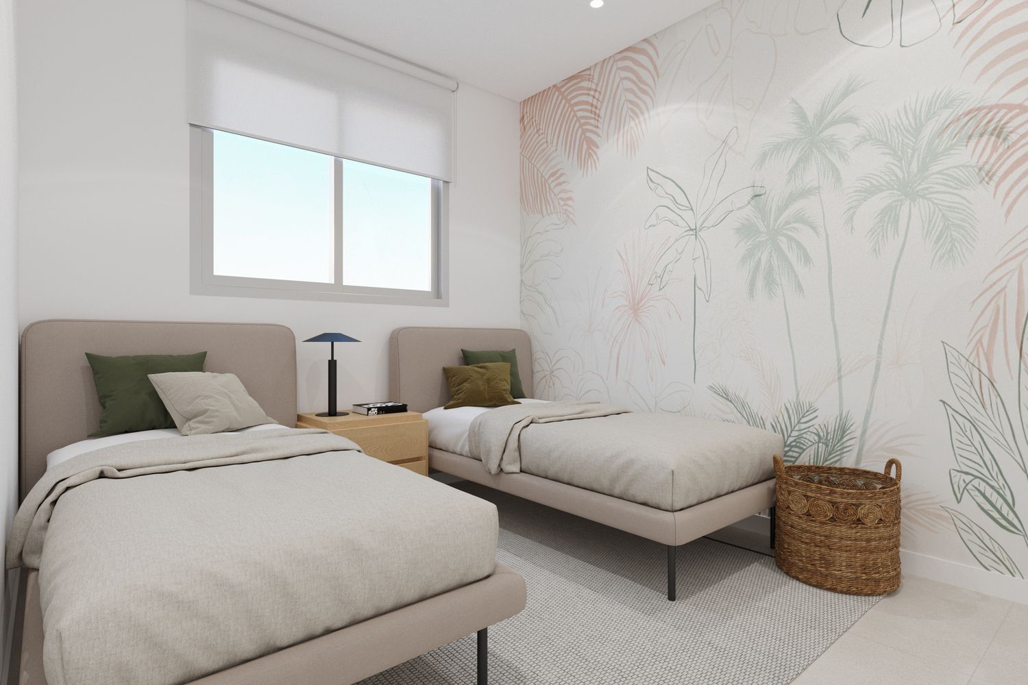 Twin bedroom with beige upholstered beds, matching linens, and a wooden nightstand between them under a palm-mural wall.