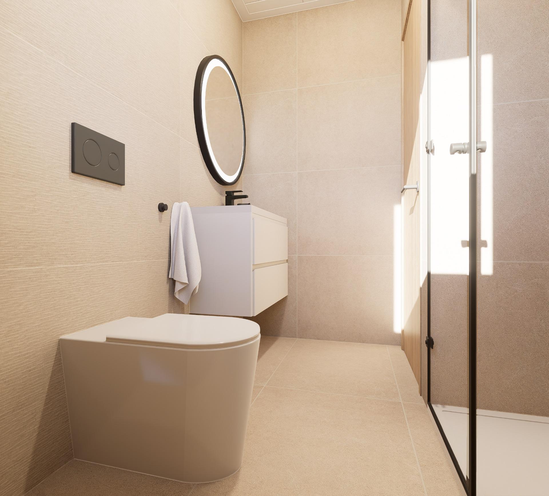 Modern compact bathroom with wall-mounted sink, round backlit mirror, and glass shower enclosure in beige tiles