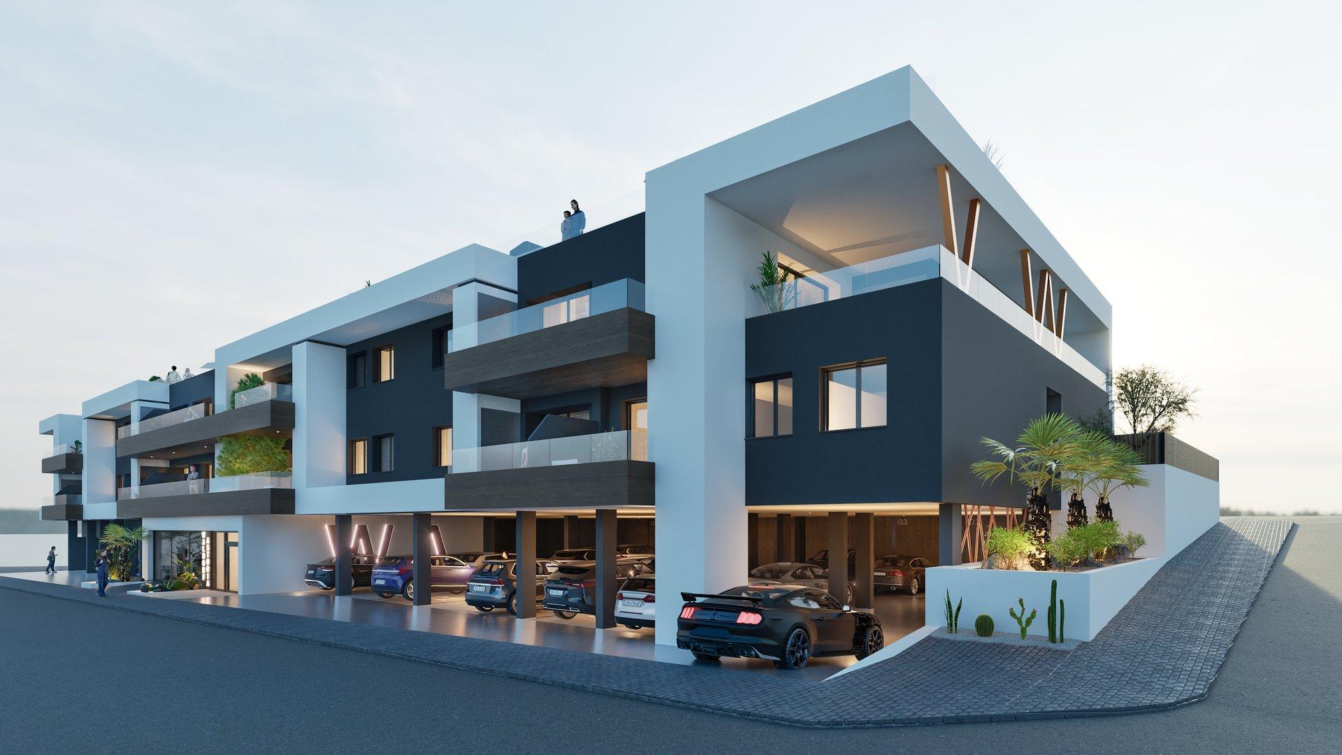 Modern white and dark-gray apartment building with open-air parking on the ground floor and glass balconies.