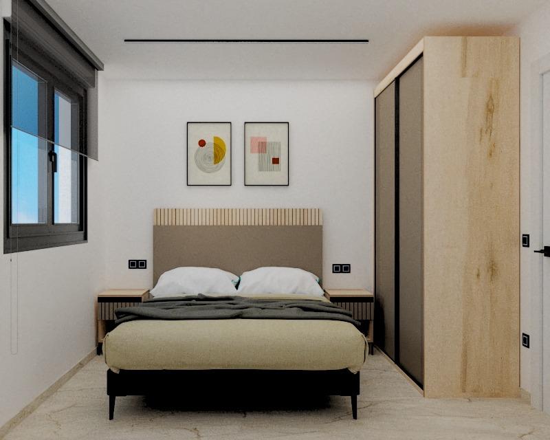 Contemporary bedroom with a double bed, beige headboard, two nightstands, abstract art above, and a tall wooden wardrobe on the right.