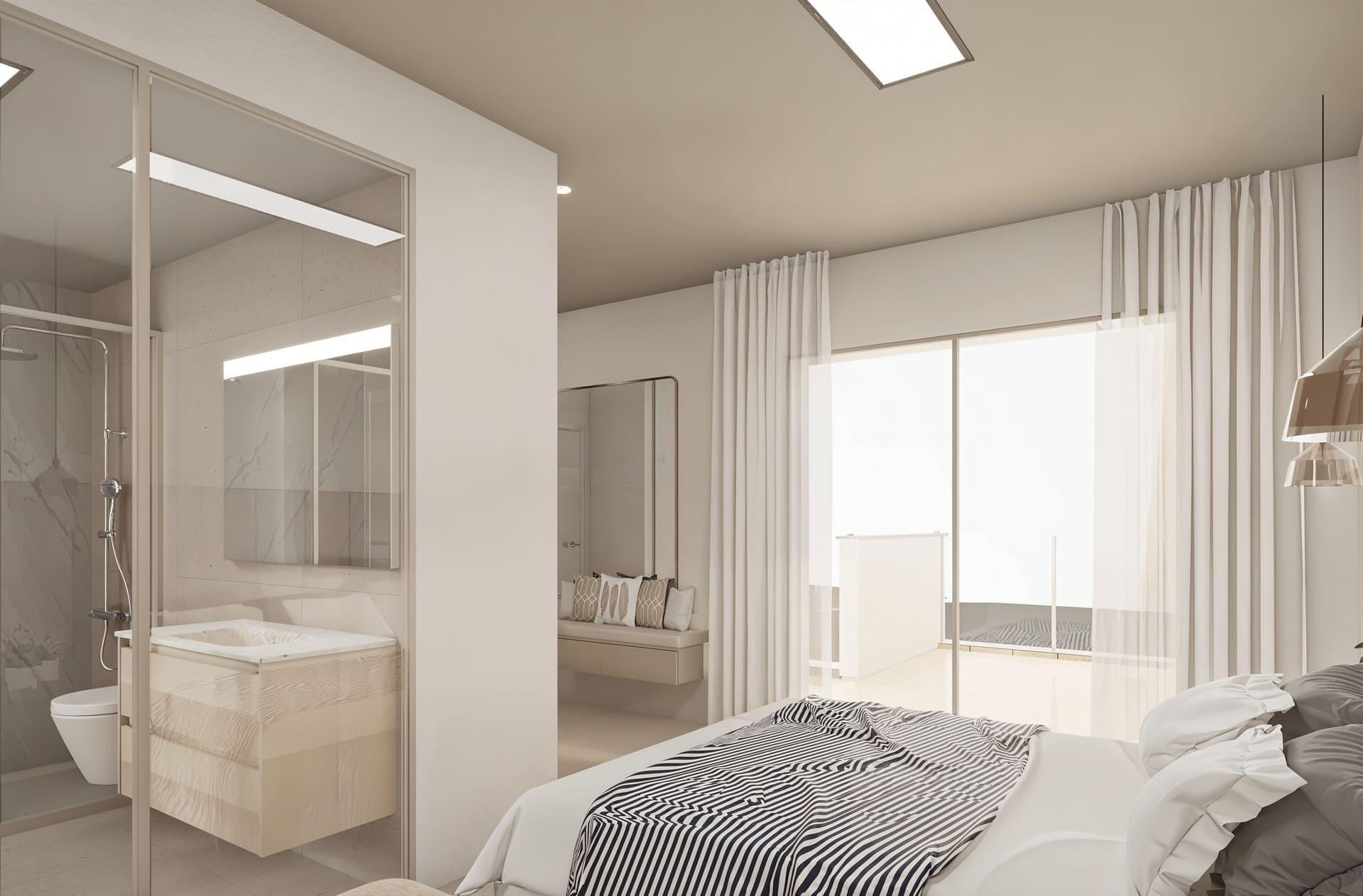 Modern bedroom with a glass-walled ensuite bathroom, zebra-striped bedspread, and sheer white curtains by a large window.