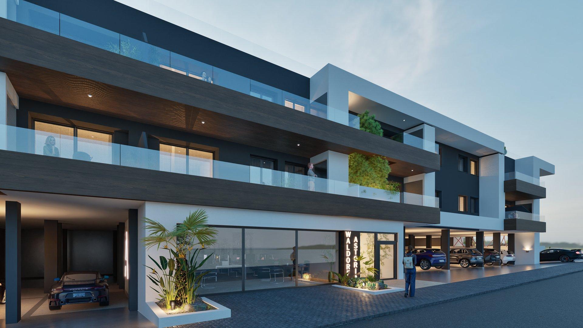 Modern multi-story building with glass balconies and wooden accents; cars parked below, daytime blue sky above.