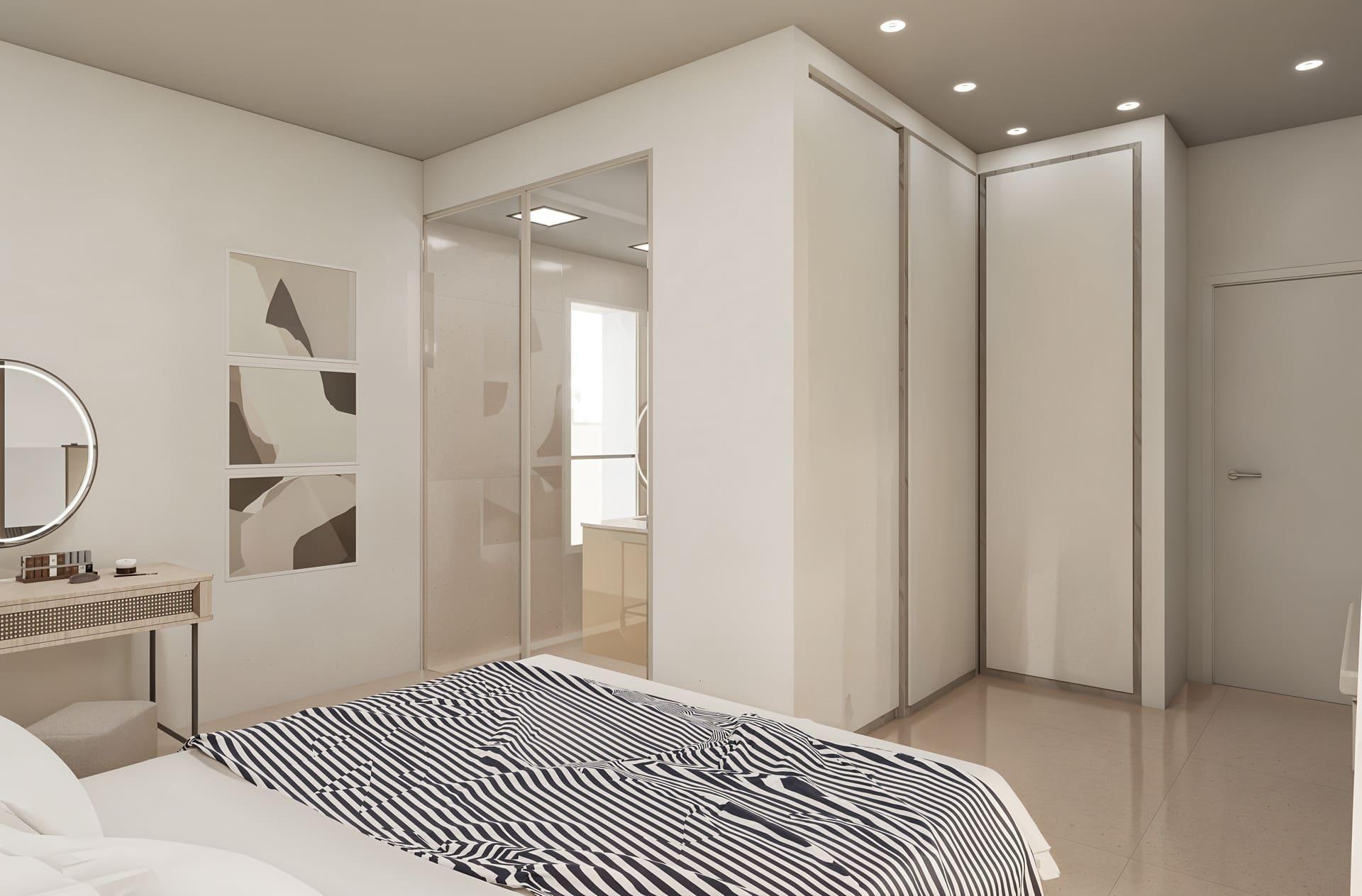 Modern bedroom with zebra-striped bedding, a vanity with round light mirror, abstract wall art, and tall marble-trimmed wardrobes.