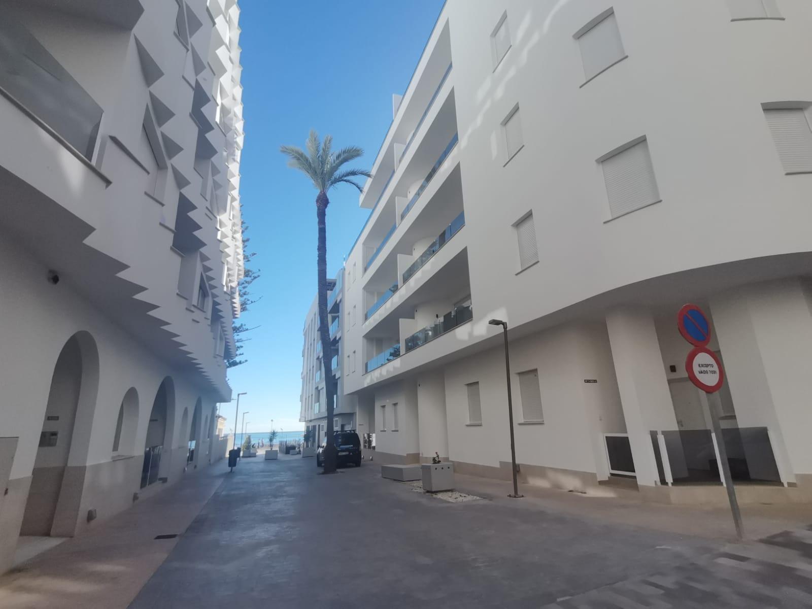 White modern residential street funneling toward the sea, with a tall palm tree and blue sky at the end.