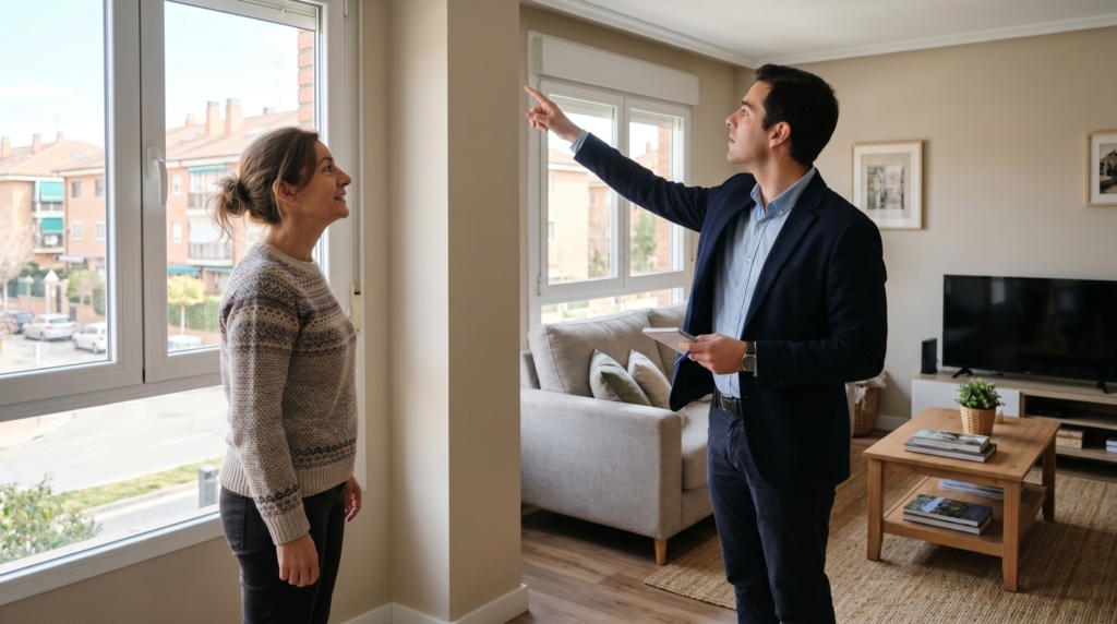 agente inmobiliario asesorando propietario antes de vender vivienda en Alcorcón