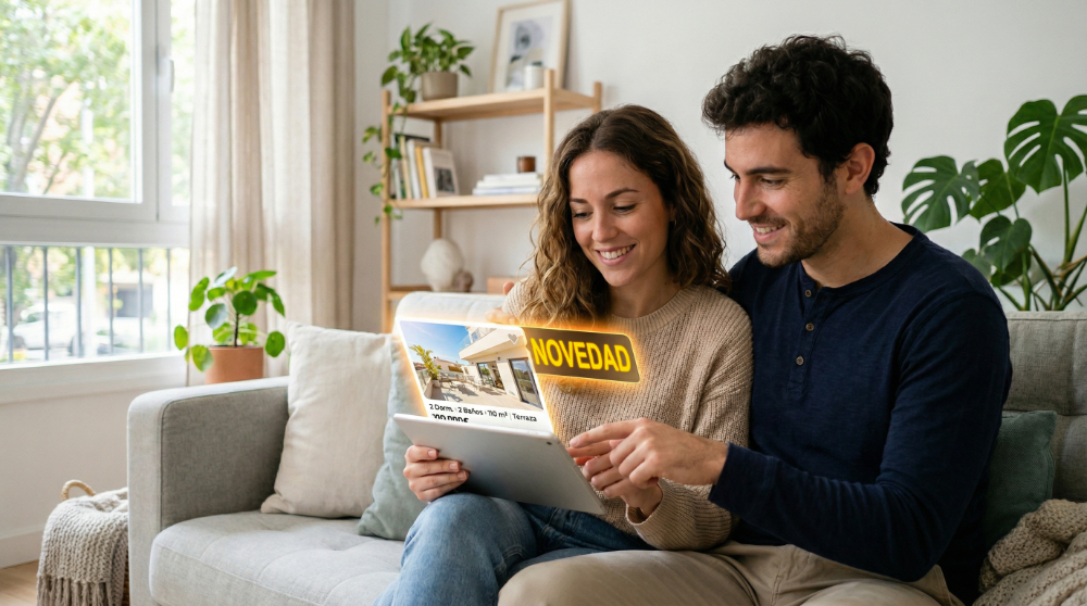 Pareja joven consultando una nueva vivienda en venta en Alcorcón desde una tablet