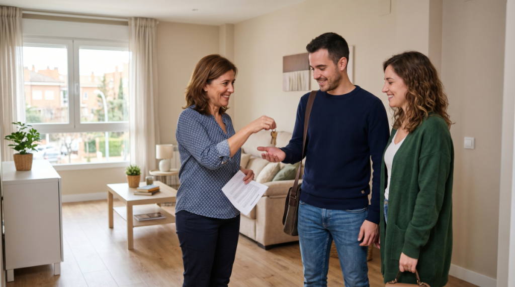 Propietario entregando llaves al inquilino en un piso en Alcorcón
