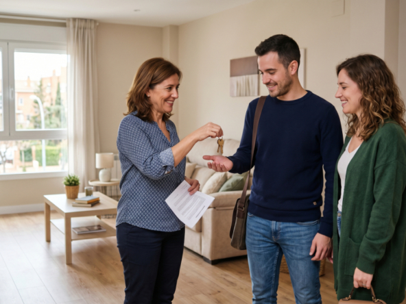 Propietario entregando llaves al inquilino en un piso en Alcorcón