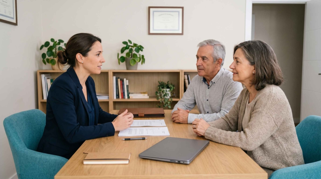 agente inmobiliario atendiendo propietarios en oficina moderna