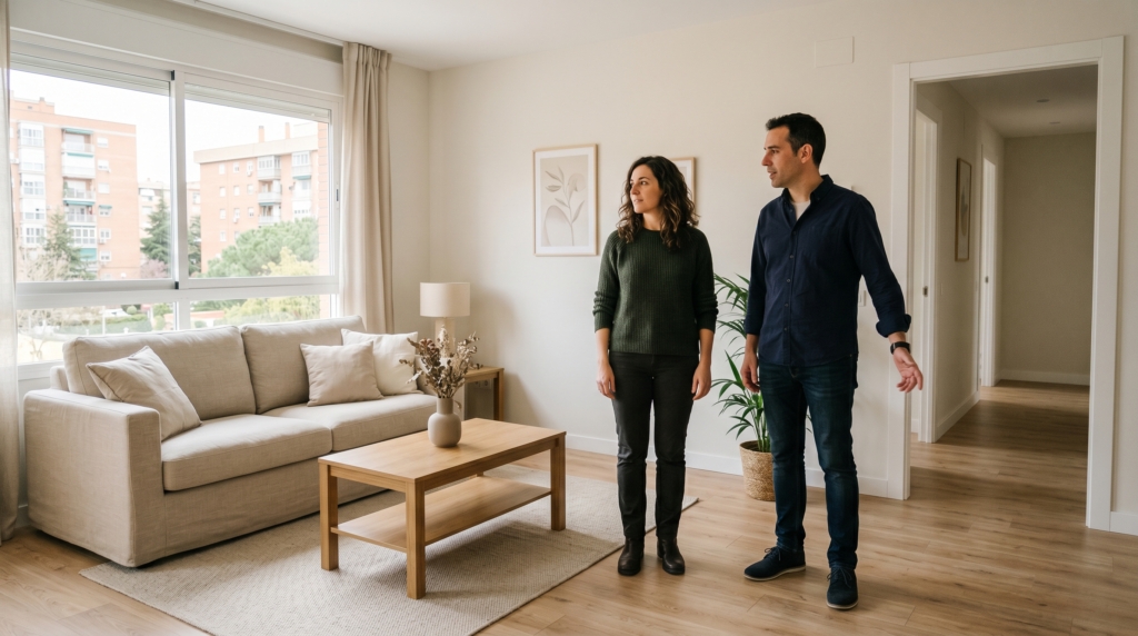 compradores visitando piso preparado para venta Alcorcón