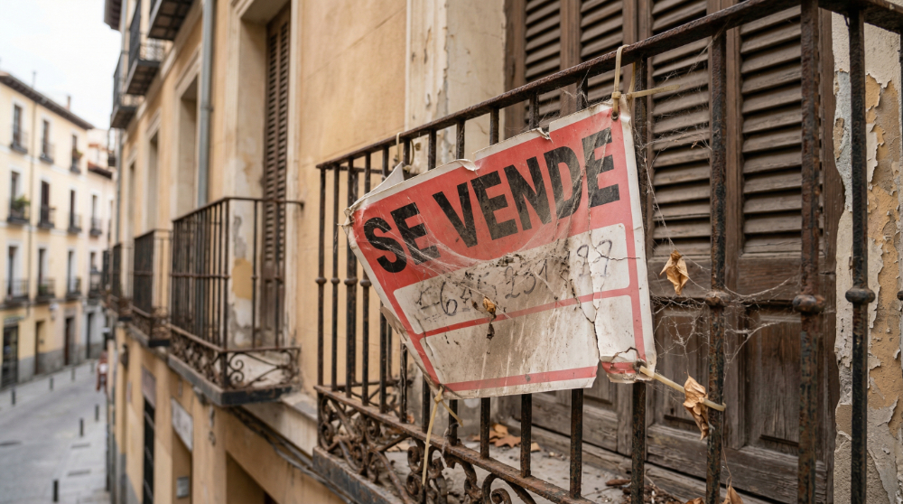 Cartel de se vende envejecido en un balcón indicando que una vivienda lleva mucho tiempo en el mercado en Alcorcón