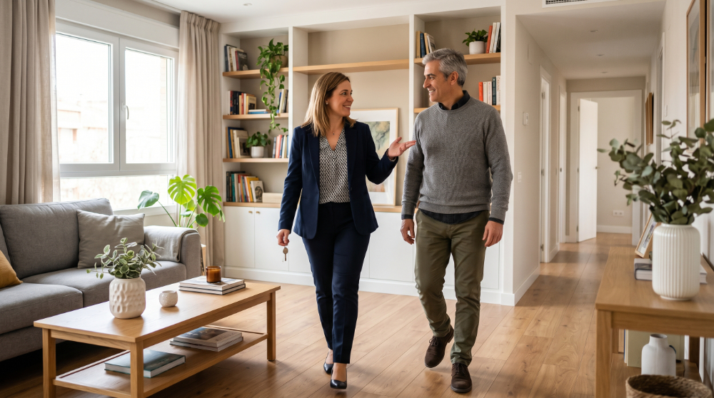 Propietario y agente inmobiliario recorriendo una vivienda en Alcorcón durante el proceso de alquiler
