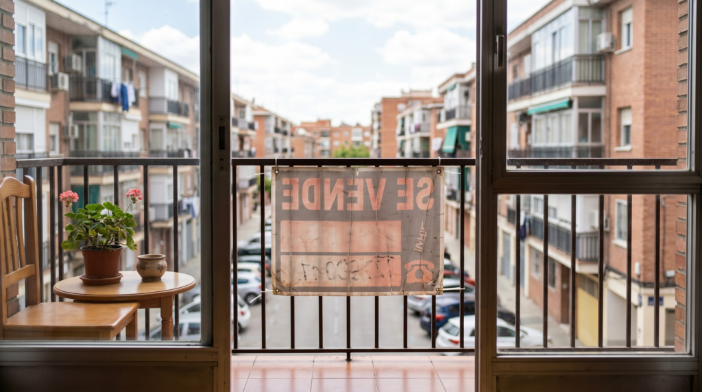 cartel de se vende deteriorado en vivienda en Alcorcón que no se vende