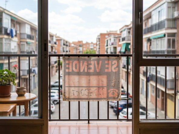 cartel de se vende deteriorado en vivienda en Alcorcón que no se vende