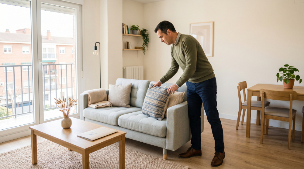 Propietario preparando un piso para alquilar en Alcorcón colocando cojines en el salón