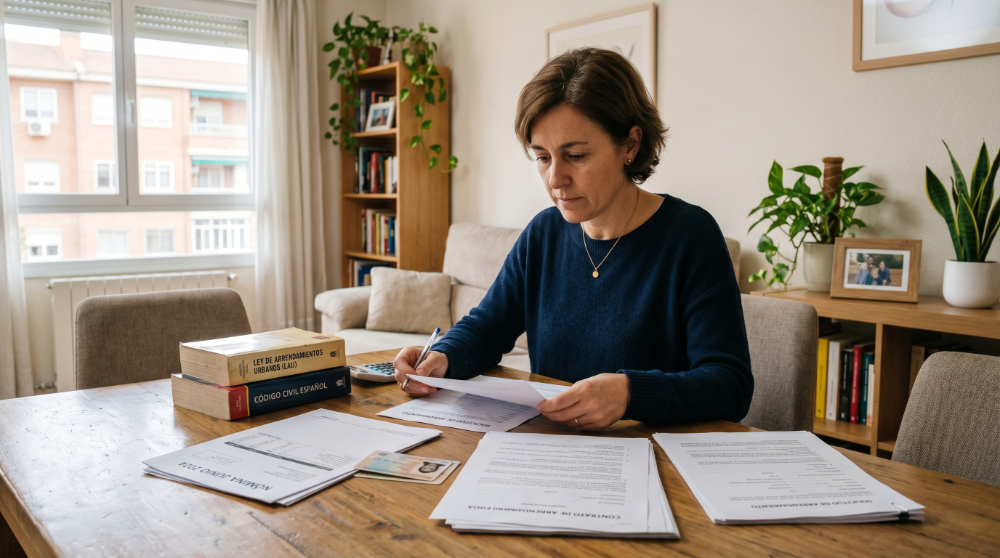 Propietario revisando documentación de posibles inquilinos en un piso en Alcorcón