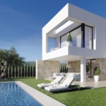 Modern white villa with a glass balcony, pool deck, and lawn under a blue sky.”