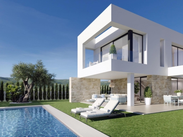 Modern white villa with a glass balcony, pool deck, and lawn under a blue sky.”