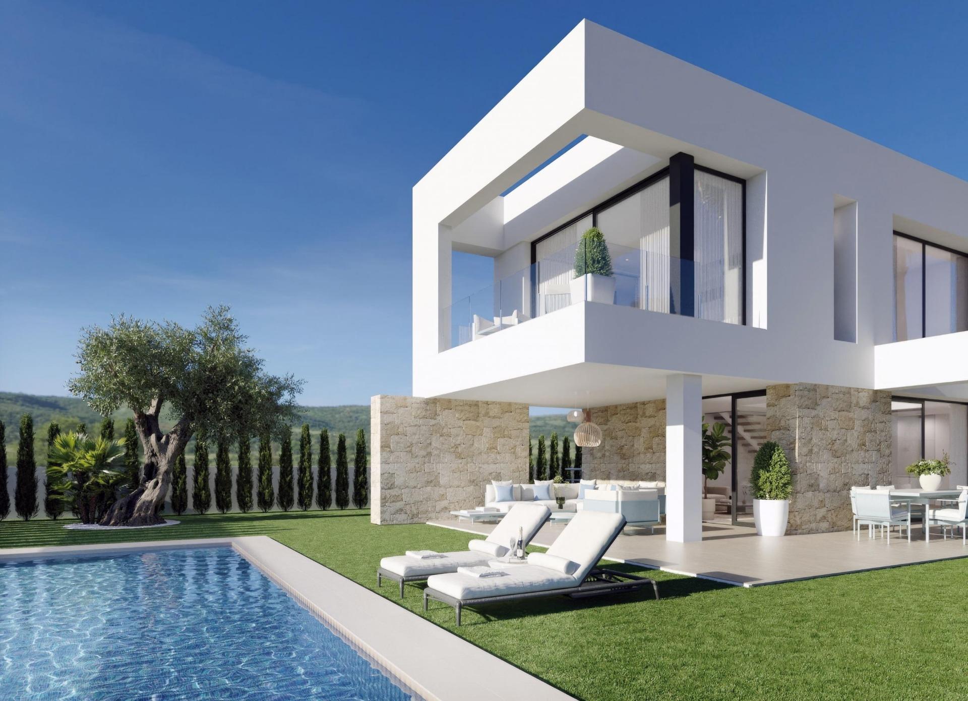 Modern white villa with a glass balcony, pool deck, and lawn under a blue sky.”