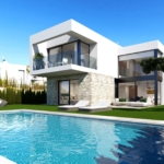 Modern white contemporary home with stone base, glass balcony, and large bay windows beside a blue pool and green lawn.