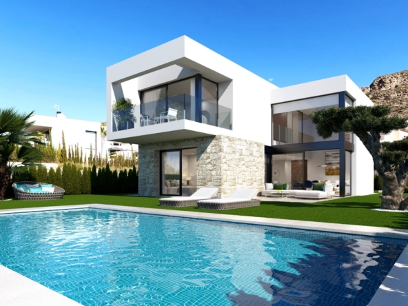 Modern white contemporary home with stone base, glass balcony, and large bay windows beside a blue pool and green lawn.