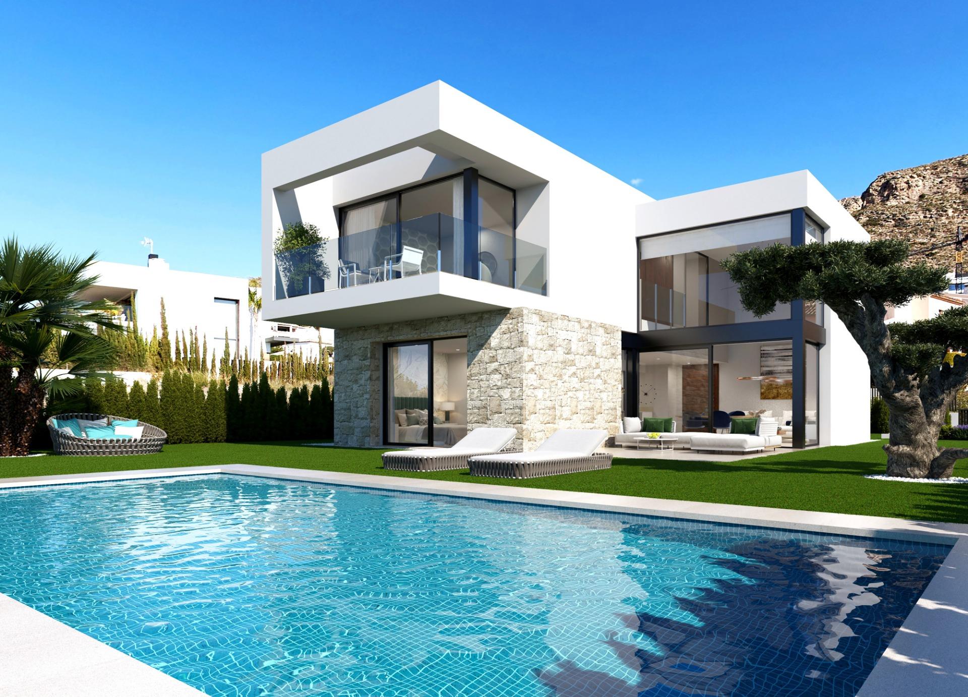 Modern white contemporary home with stone base, glass balcony, and large bay windows beside a blue pool and green lawn.