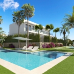 Modern white villa with glass balconies, surrounded by palm trees, a rectangular pool, and lounge chairs.