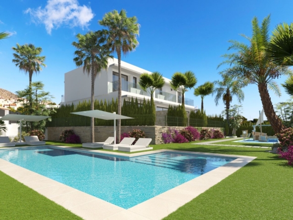 Modern white villa with glass balconies, surrounded by palm trees, a rectangular pool, and lounge chairs.