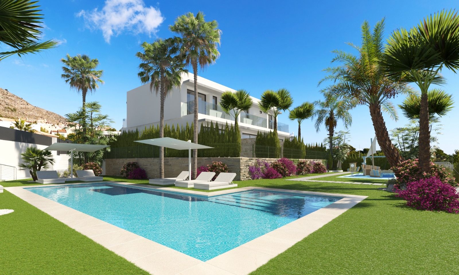 Modern white villa with glass balconies, surrounded by palm trees, a rectangular pool, and lounge chairs.