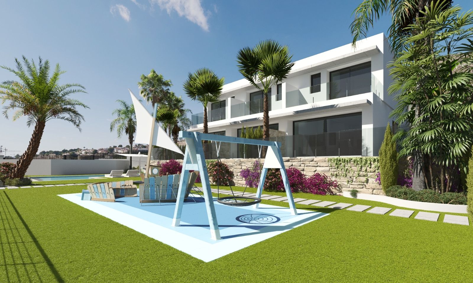 Backyard of a modern white building with a blue-frame swing, lounge seating, and palm trees under a clear sky.