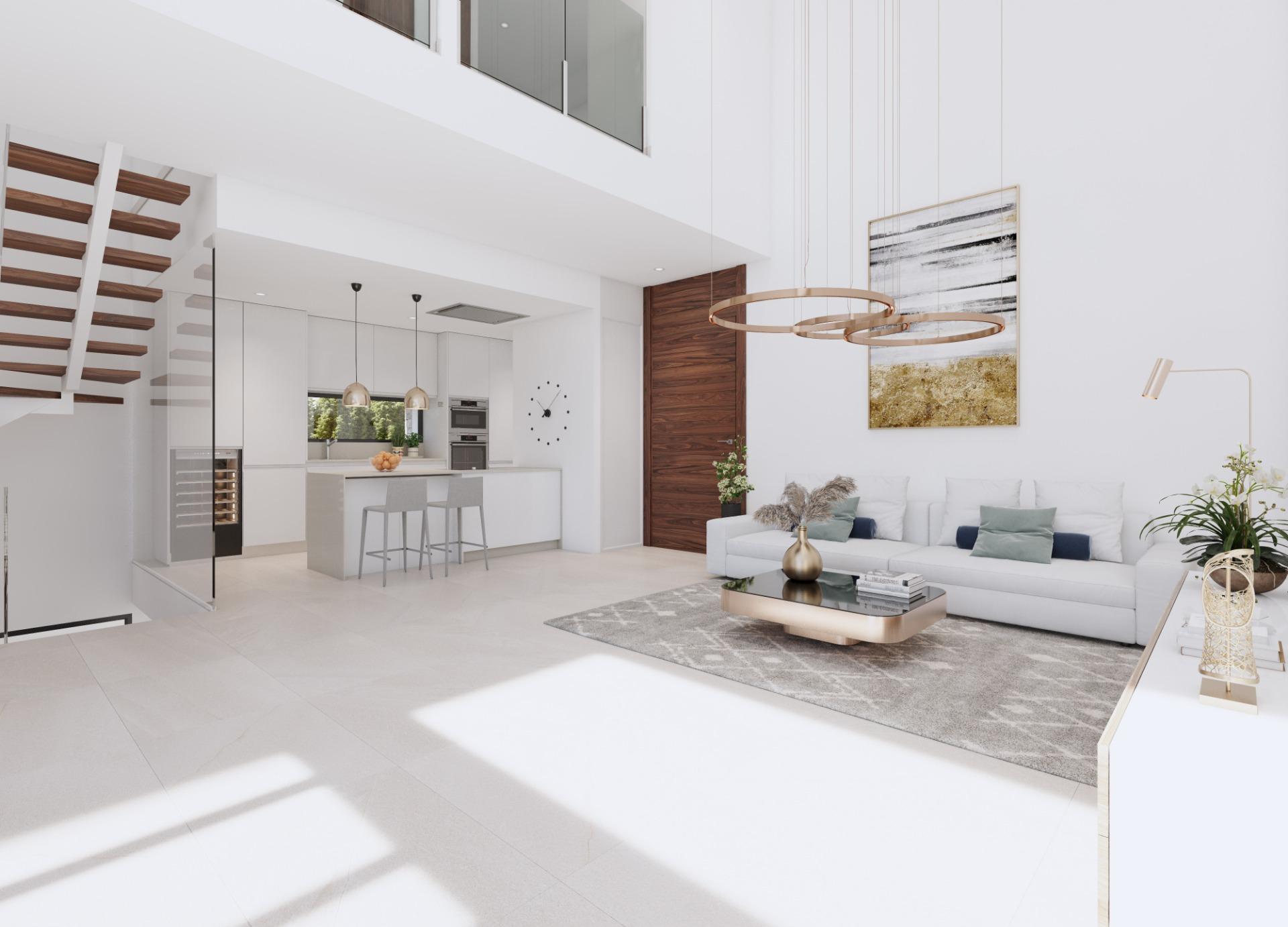 Open-plan living area with white modern furniture, a wooden staircase, and copper ring chandelier.