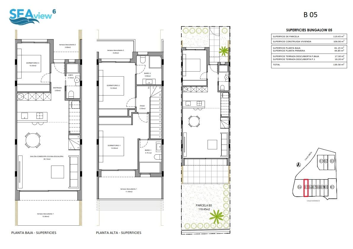 Floor plans for a two/three-story bungalow labeled SEAVIEW 05, showing ground, first, and terrace levels with rooms and outdoor areas.