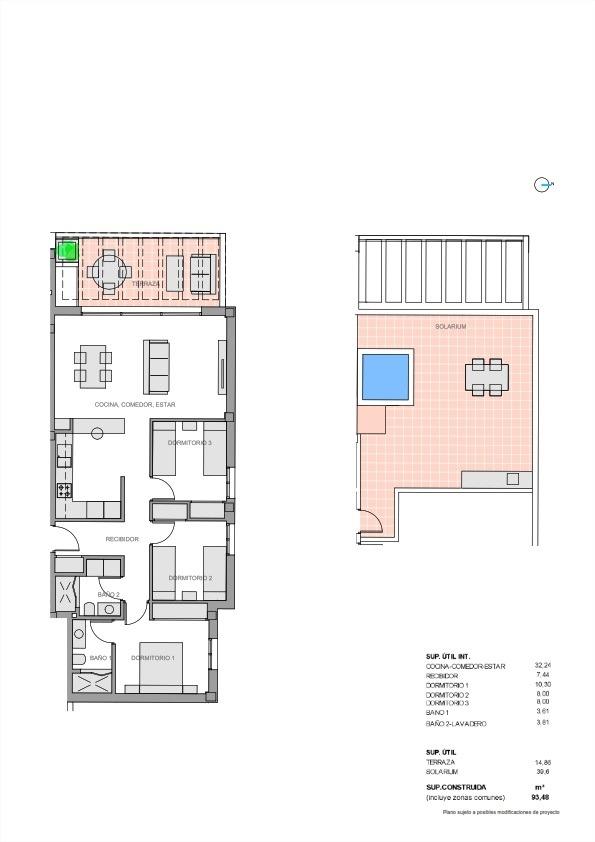 Architectural floor plan of an apartment showing living area, kitchen, three bedrooms, two bathrooms, and a rooftop terrace (solarium).