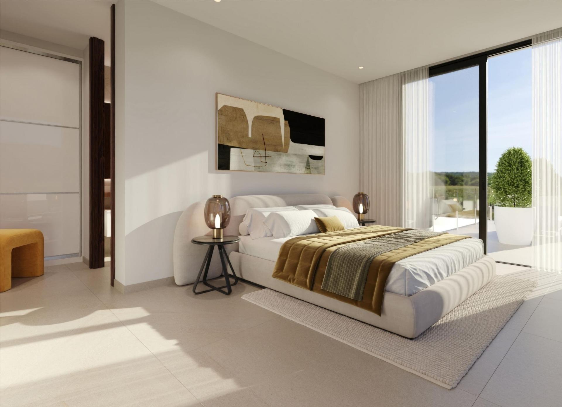 Modern bedroom with a low upholstered bed, abstract wall art, and two round bedside tables with lamps on each side.