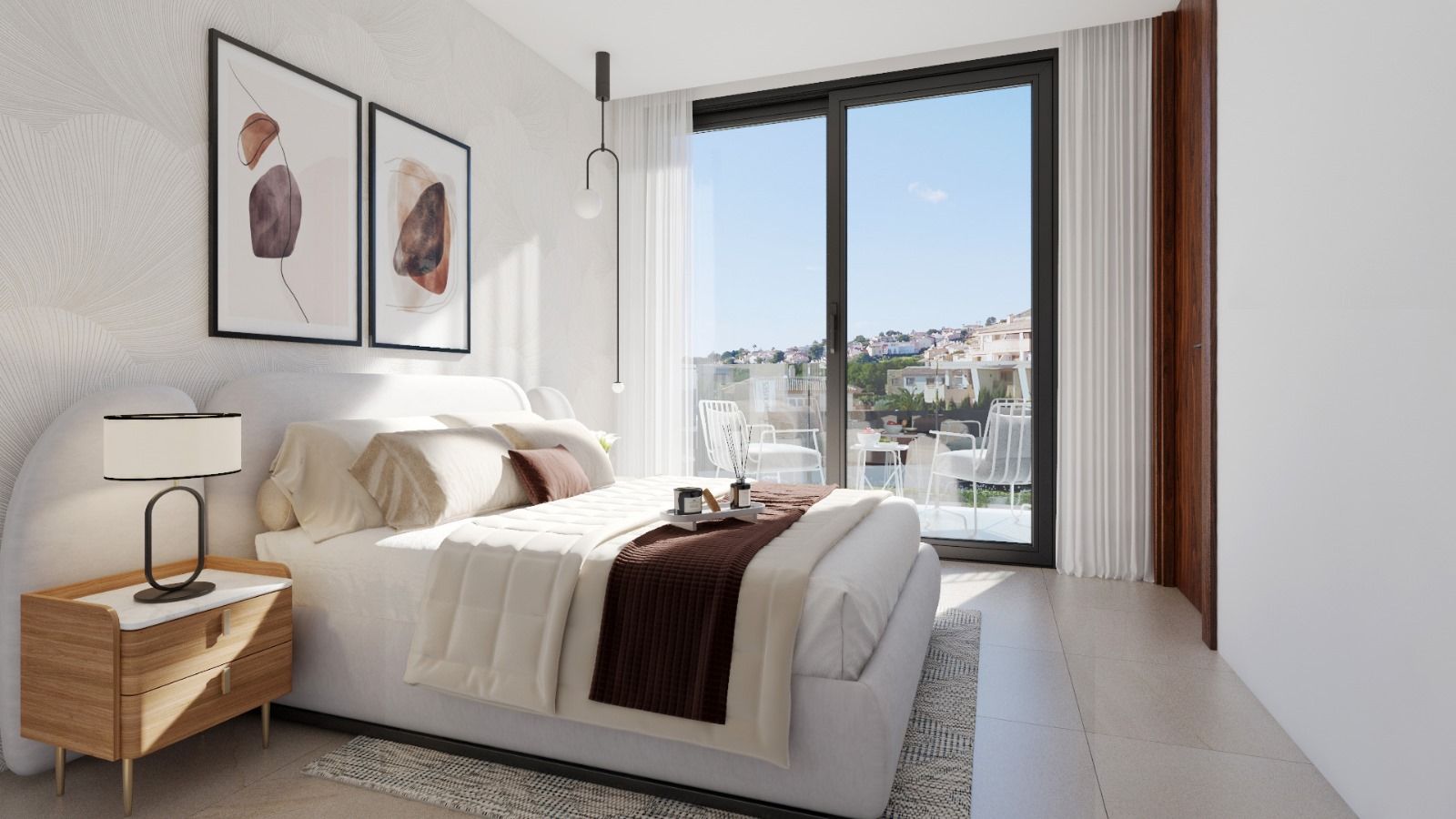 Bright contemporary bedroom with a white upholstered bed, wooden nightstand, abstract wall art, and a balcony view through sliding doors to outside. (Informative; describes function and scene)