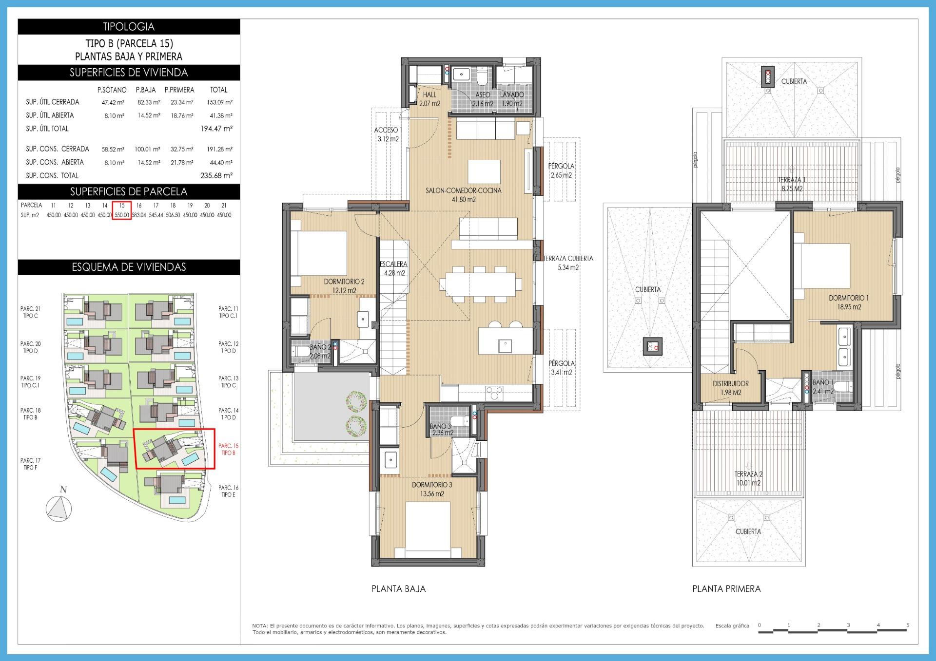 Architectural floor plan of a house: Planta Baja and Planta Primera with labeled rooms and a highlighted Parcel 15 on the site plan.