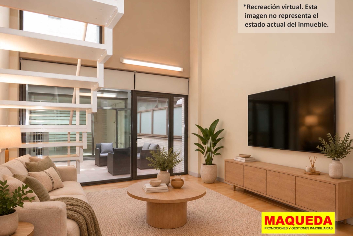 Salón con jardín del loft en venta en Alcorcón con home staging virtual