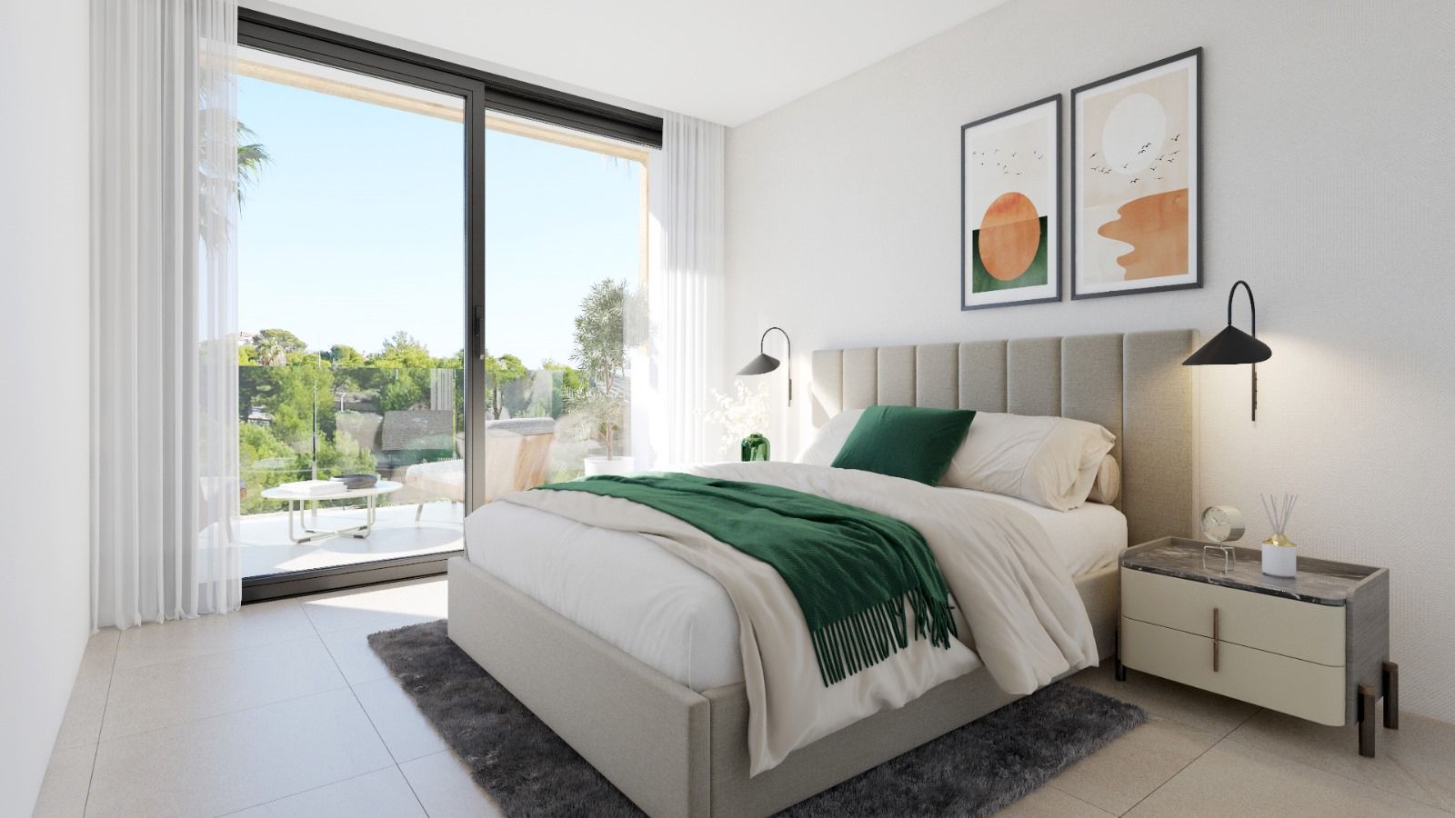 Modern bedroom with a beige upholstered bed, white linens, green throw, two abstract framed pictures, and a glass balcony door.