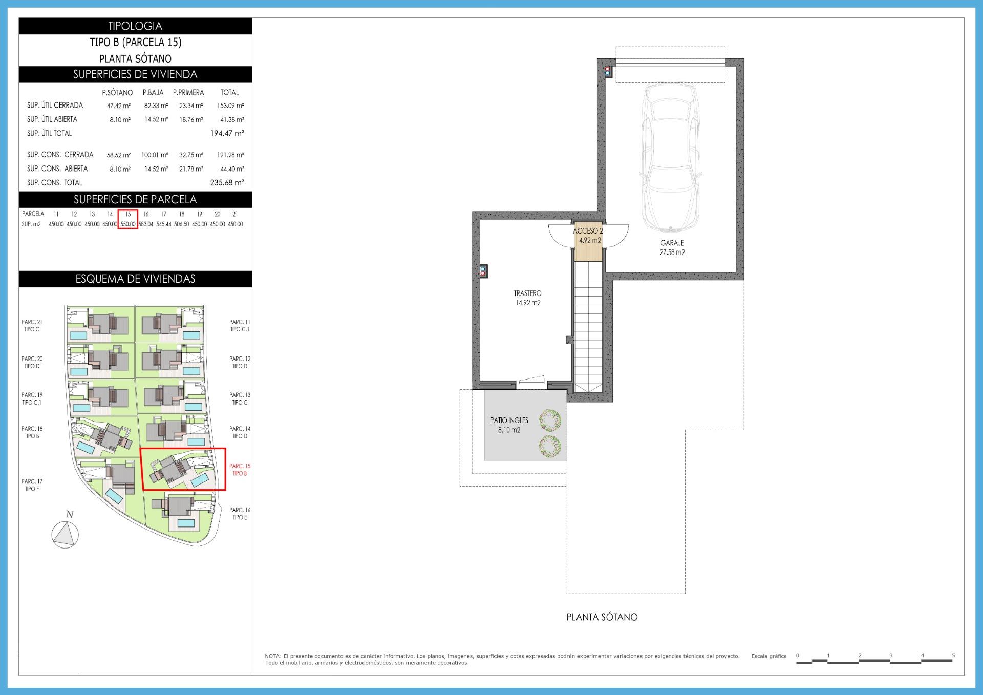 Site plan with legend panels and a highlighted parcel (15) in red, showing garage, access, storage, and patio areas on a basement level map.