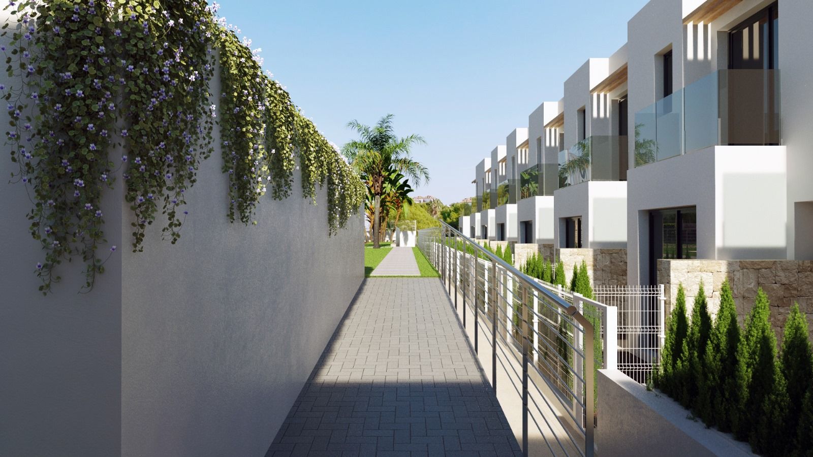 Sunny residential alley with a paved walkway between a flowering wall on the left and a row of white modern townhouses with glass balconies on the right.
