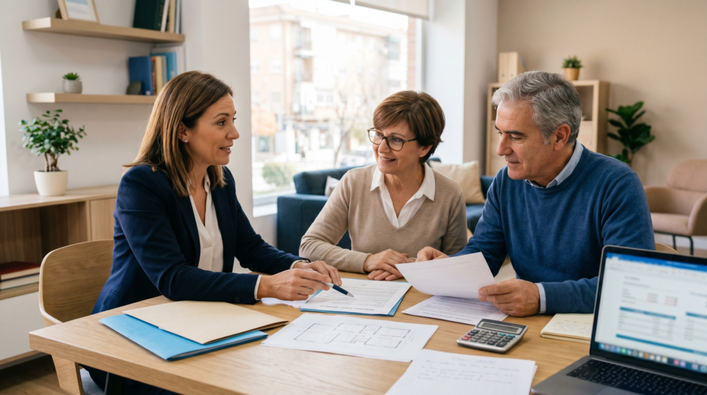 Asesor inmobiliario atendiendo a propietarios que quieren vender una vivienda con hipoteca en Alcorcón, Madrid
