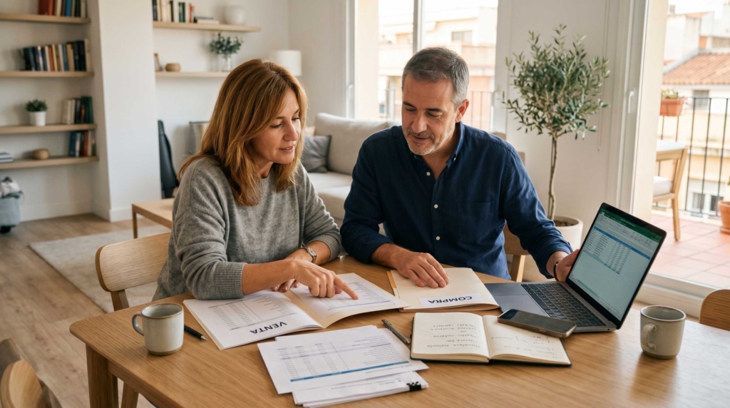 pareja revisando gastos y dinero disponible tras vender su casa